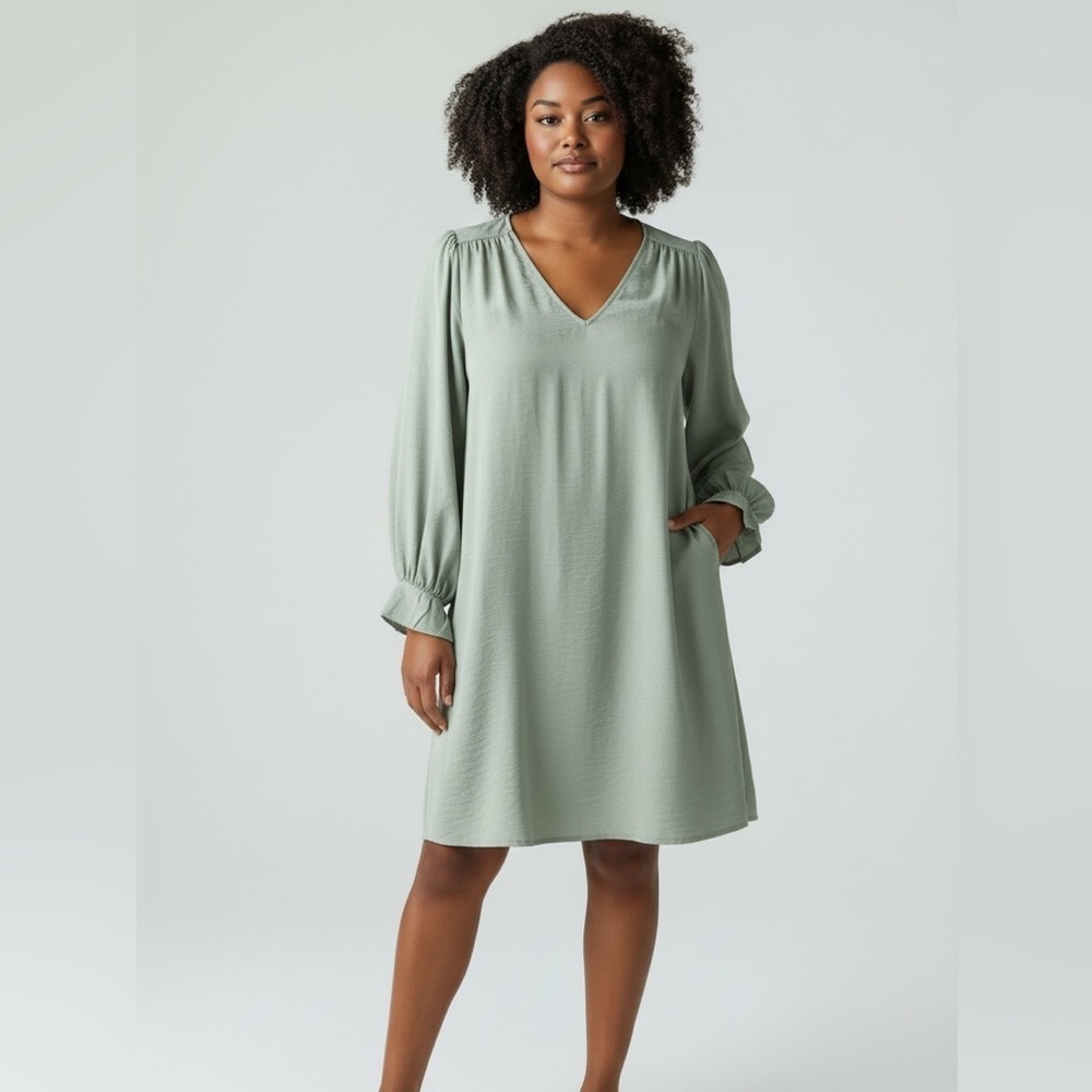 Prologue Sage Green V-Neck Long Sleeve Dress | Size L - Picture 3 of 9